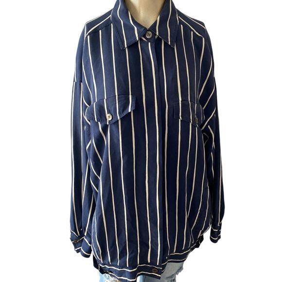 DANA BUCHMAN Vintage Nautical Striped Silk Shacket Jacket Button - Picture 1 of 10